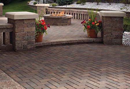 Brick patio with spindle seating wall
