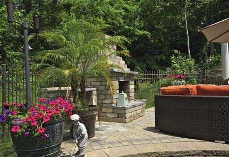 Brick patio with outdoor fireplace